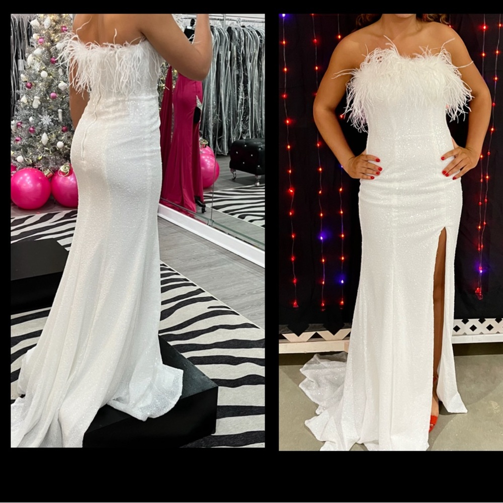 Sherri Hill Strapless White Feather Gown